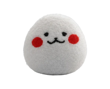 Pocket Egg, a white felted egg with red cheeks, smiling calmly