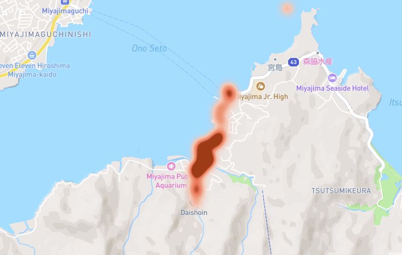 Admin dashboard heat map of visitor pings along the shrine approach on Miyajima, Hiroshima